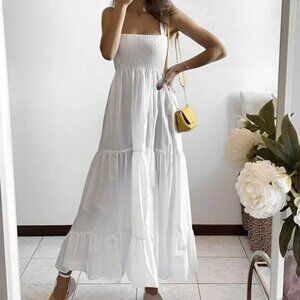 Zara Voluminous Cotton Poplin Maxi Dress NWT Smocked White Size Medium